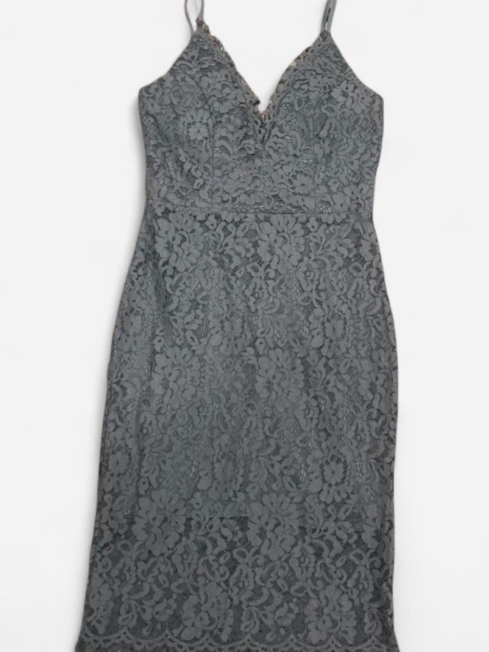 AKIRA Gray Lace V-Neck Spaghetti Strap Midi Dress